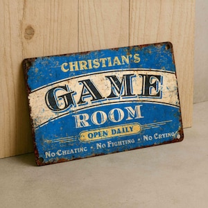 Letrero metálico personalizado para sala de juegos: placa rústica personalizada para decoración de sala de juegos, sala de estar y entretenimiento.