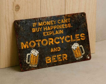 Motorcycle and Beer Metal Sign – Vintage Garage Wall Decor for Riders and Relaxed Spaces