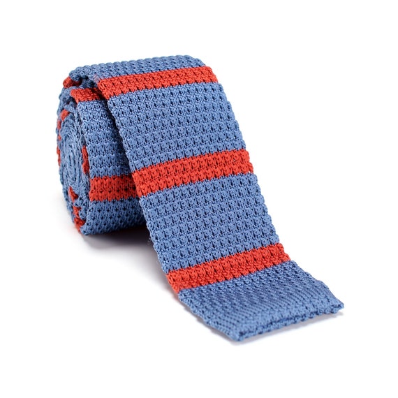 Red and White Stripe Patterned Weave Knit Handmade Straight End 5.5cm Tie