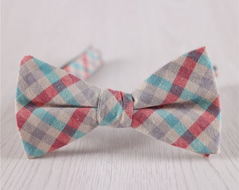 Gray Plaid Pre-Tied Bow Tie with Blue Red Stripes, Wedding Groomsmen Gift Check Bowtie, Standard Size Adjustable Cotton Bowtie -BT.39S