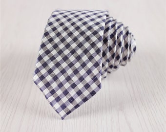 Dark Blue Plaid Slim Silk Necktie, Dapper 6 CM/2.4 Inch Wide Check Silk Ties with Gift Wrap, Wedding Party Gift Ties for Groomsmen-nt.114s