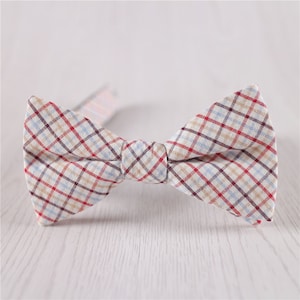 Peut inclure: Un nœud papillon beige à motif écossais rouge, bleu et marron.