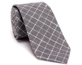 Gray Plaid Necktie, Mid Grey Gingham Necktie, Informal Cotton Tie, Mens Slim Necktie, Wedding Gift Neck Tie with Gift Box-NT.20S