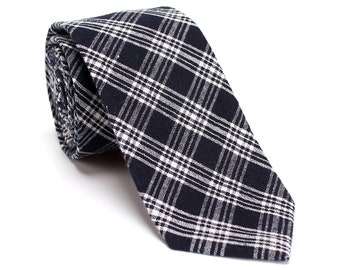 Black Plaid Necktie, White Glen Check Tie, Casual Over Plaid Tie, Wedding Cotton Tie, Slim 6 CM Self-Tie Ties with Gift Box-NT.22S