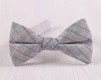 Gray Plaid Bowtie, Grey Gingham Bowtie, 6.5 CM/2.6 IN Pre-Tied Bowtie with Gift Box, Wedding Groomsmen Gift Wrapped Bowtie-BT.44S