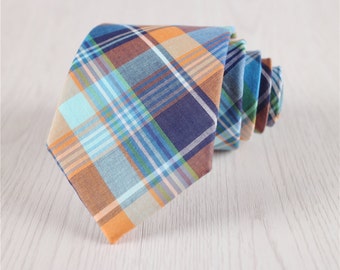 Blue Glen Check Cotton Necktie with orange stripes, Casual 7.5 CM/3 IN Wide Plaid Necktie, Wedding Groomsmen Blue Grid Necktie-NT.235S