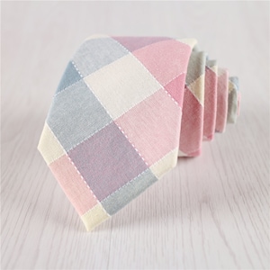 Multicolor Plaid Cotton Necktie with Pink and Blue Checks, Casual 7.5 CM/3 IN Wide Self-tie Necktie, Novel Wedding Party Grid Tie-NT.230S