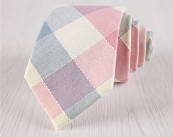 Multicolor Plaid Cotton Necktie with Pink and Blue Checks, Casual 7.5 CM/3 IN Wide Self-tie Necktie, Novel Wedding Party Grid Tie-NT.230S