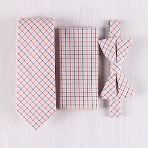 Beige Gingham Necktie Set, Casual Plaid Cotton Bow Tie Set, Wedding Groomsmen Tie Set, Men&#39;s Gift Boxed Pocket Square Set-NT.227S-SET