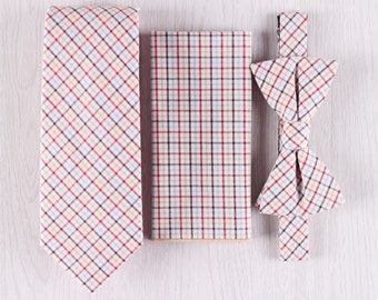 Beige Gingham Necktie Set, Casual Plaid Cotton Bow Tie Set, Wedding Groomsmen Tie Set, Men's Gift Boxed Pocket Square Set-NT.227S-SET