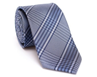 Lake Blue Necktie, Glen Plaid Necktie, Men Formal Tie, Wedding Necktie for Groomsmen, Groomsmen Gifts for Wedding