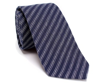 Navy Lake Blue Striped Necktie, Casual Cotton Tie, Informal Suit Tie, Slim 6 CM Tie with Gift Box, Wedding Groomsmen Tie-NT.17S