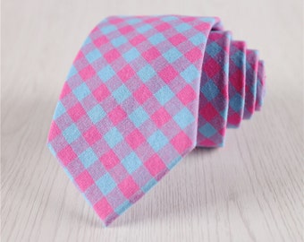 Casual Rose Red Plaid with Contrast Blue Checks, 7.5 CM/3 IN Wide Cotton Neck Ties for Men, Gift Wrapped Wedding Bestmen Neckties-NT.265S