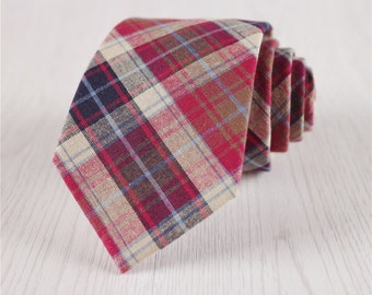 Red Glen Plaid Cotton Necktie, Casual 7.5 CM/3 IN Wide Check Necktie, Men&#39;s Daily Office Suit Tie, Wedding Party Gift Tie for Groom-NT.234S