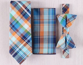 Blue Glen Plaid Tie Set, Casual Gingham Bow Tie Set, Cotton Plaid Pocket Square Set, Wedding Groomsmen Gift Tie Set-NT.235S-SET