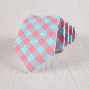 Casual Pink Plaid Necktie with Contrast Blue Checks, Groomsmen 7.5 CM/3 IN Wide Cotton Necktie, Gift Wrapped Wedding Ties for Groom-NT.267S