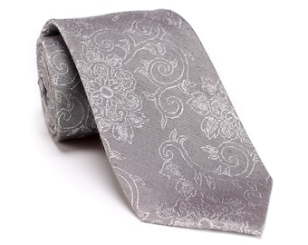 Floral Embroidery Necktie, Gray Floral Necktie, Blue Floral Tie, Men Silk Necktie, Formal 7 CM / 2.8 IN Wide Necktie./ NT.63S
