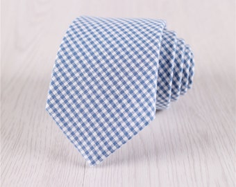 Blue Gingham Necktie with Gift-Wrap, Mens Plaid Neck Ties for Wedding Groomsmen Gifts, 6.5 CM/2.6 IN Wide Self-Tie Cotton Necktie -NT.433S