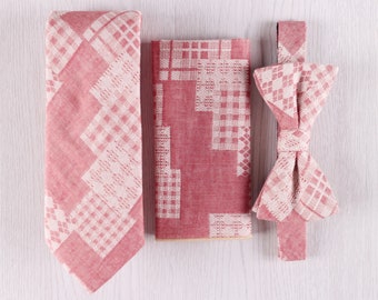 Pink Plaid Tie Set, Soft Red Check Tie Set, Novel Pre-Tied Bowtie Set, Cotton Hankerchief Set, Wedding Groomsmen Gift Tie Set-NT.238S-SET