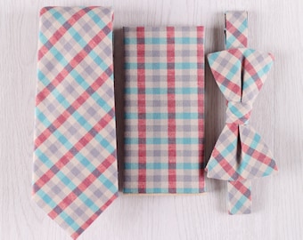 Gray Gingham Necktie Set, Grey Plaid Bowtie Set, Vintage Cotton Pocket Square Set, Wedding Groomsmen Necktie Set with Gift Box-NT.228S-SET