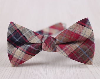 Red Glen Check Cotton Bowtie, Wedding Groomsmen Gift Plaid Bowtie with Adjustable Strap, 6.5 CM/2.6 IN Pre-Tied Bowtie with Gift Box-BT.35S