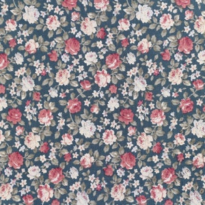 May include: A seamless fabric pattern with a repeating design of pink and white flowers on a dark blue background.