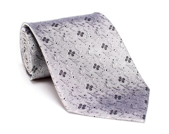 Gray Floral Silk Tie, Grey Floral Silk Necktie, Wide Vintage Necktie, Woven Silk Necktie, Wedding Groomsmen Necktie-NT.35S