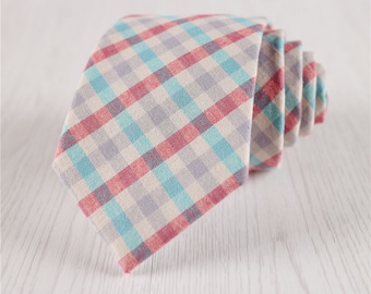 Gray Plaid Cotton Woven Necktie with Red and Blue Stripes, Grey 7.5 CM/3 IN Wide Check Tie, Gift Wrapped Vintage Wedding Groom's Tie-NT.228S