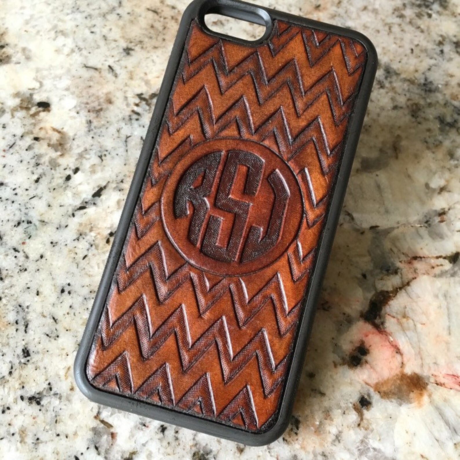 Monogram Tooled Leather Phone Case Etsy