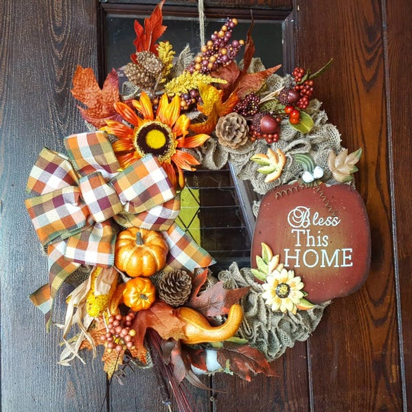 Fall Wreath, Bless This Home,  Autumn Wreath, Autumn, Pumpkin, Pumpkins, Sunflower Wreath, Religious Fall Wreath, Fall, Pumpkin Wreath