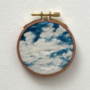 Cyanotype on fabric stretched on an embroidery hoop handmade nuages 2