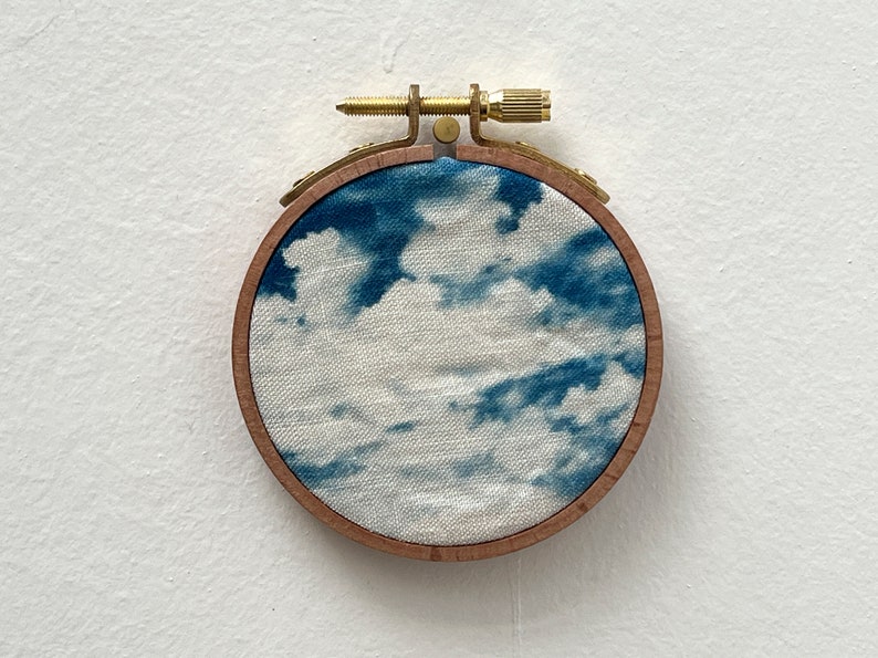 Cyanotype on fabric stretched on an embroidery hoop handmade nuages 2