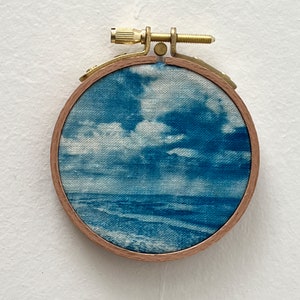 Cyanotype on fabric stretched on an embroidery hoop handmade plage 4