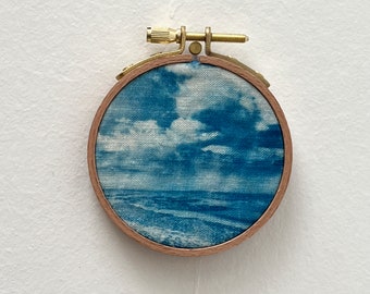 Cyanotype on fabric stretched on an embroidery hoop - handmade