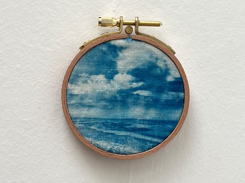 Cyanotype on fabric stretched on an embroidery hoop handmade plage 4