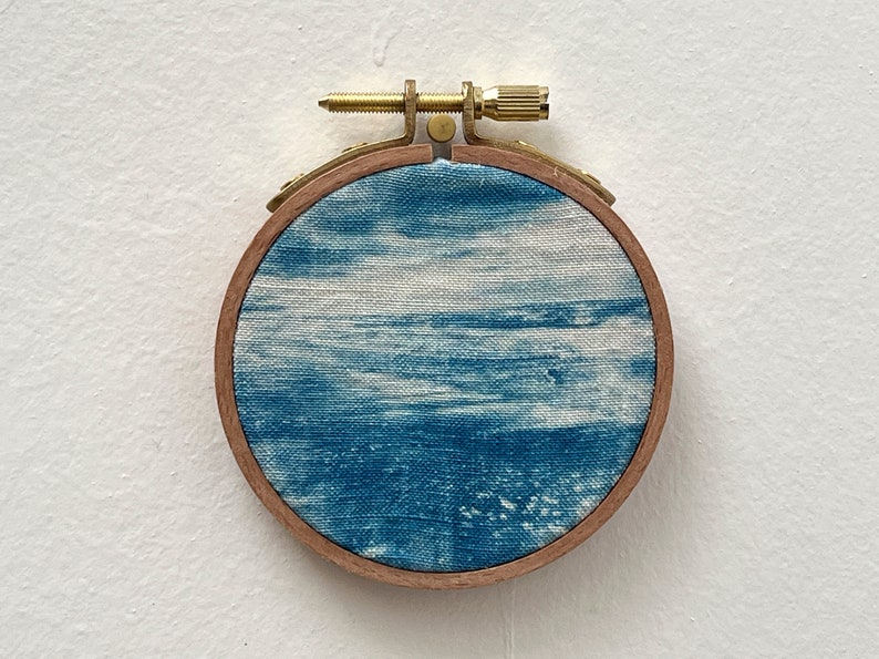 Cyanotype on fabric stretched on an embroidery hoop handmade plage 1