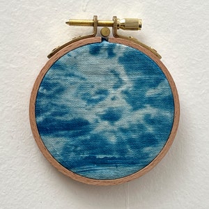 Cyanotype on fabric stretched on an embroidery hoop handmade tempête