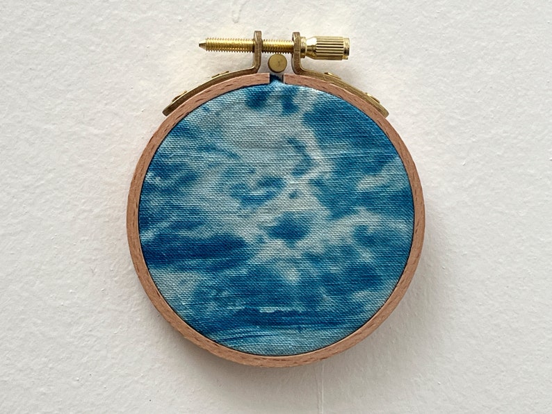 Cyanotype on fabric stretched on an embroidery hoop handmade tempête