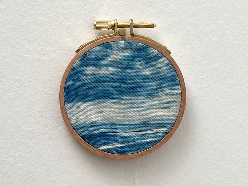 Cyanotype on fabric stretched on an embroidery hoop handmade plage 3