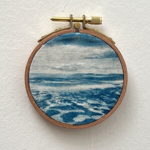 Cyanotype on fabric stretched on an embroidery hoop handmade plage 2