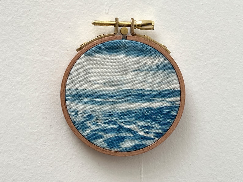 Cyanotype on fabric stretched on an embroidery hoop handmade plage 2