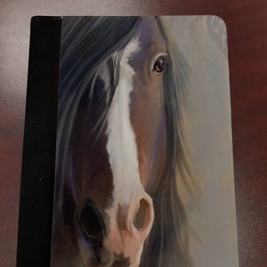 May include: Close-up portrait of a brown and white horse with a black mane. The horse's eye is visible, and the background is a soft gray.