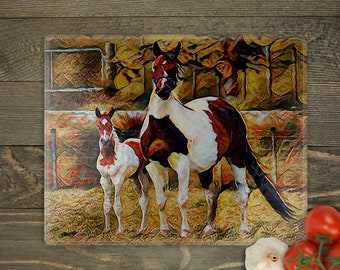 Mare and Foal in Pasture, Cutting Board, Countertop Art, Kitchen Decor, Horse Decor, Horse Lover, Trainer Gift, Paint Horse, Pinto