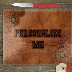 Custom Western Decor Cutting Board, Leather Look, Kitchen Decor, Glass Cutting Board, Personalized, Countertop Art, Horse Decor, Cowboy
