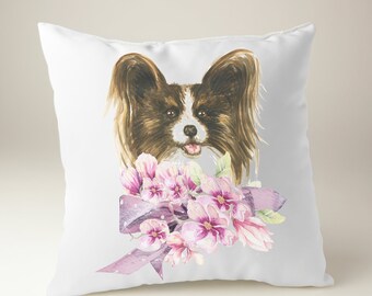 Watercolor Papillon Pillow, Dog Pillow, Throw Pillow, Home Decor, Dog Lovers Gift, Toy Dog, Pet Gift, Papillon, Dog with Flowers, Floral