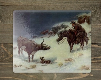 Western Art Cutting Board, Cowboy, Kitchen Decor, Glass Cutting Board, Western Decor, Countertop Art, Horse Decor, Rustic, Gift under 30