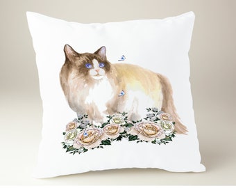 Cat Pillow, Longhair Cat Pillow, Watercolor Cat, Throw Pillow, Sealpoint, Home Decor, Cat Lover Gift, Pet Lover Gift, Whimsical, Exotic Cat