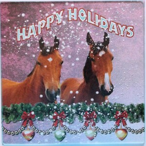 May include: A pink and blue holiday card with the text "Happy Holidays" in red and blue letters. Two brown horses with white markings are standing in front of a garland of green leaves with red bows and silver ornaments. The horses are covered in snow.
