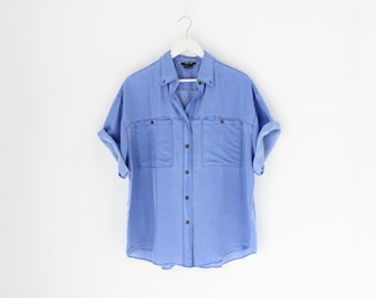 80s PURE SILK Acid Wash &quot;Denim&quot; Look Boxy Short Sleeve + Button Up Slouchy Vintage Minimal Mens / Unisex Shirt
