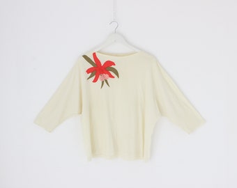 80s Novelty Australian Native Flower Appliqué Cream Batwing Long Sleeve Top